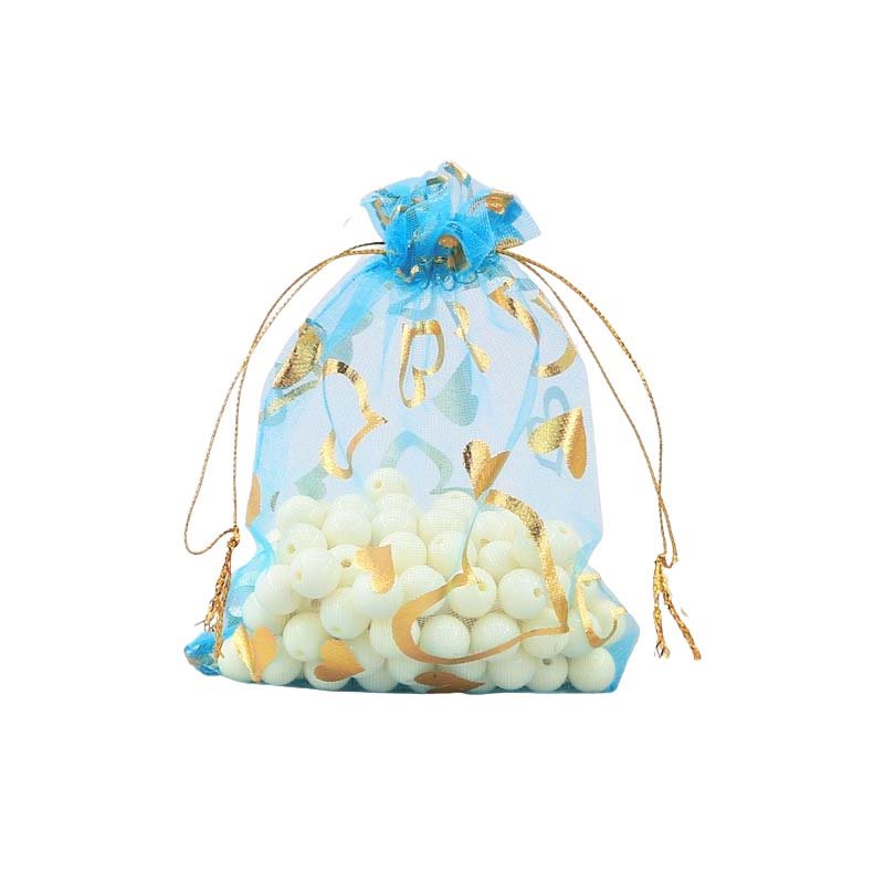 Picture of Lake Blue Organza Bags Printed with Hearts