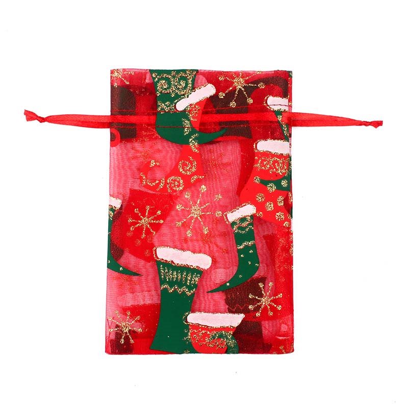 Picture of Red Organza Bags With Christmas Stocking Print