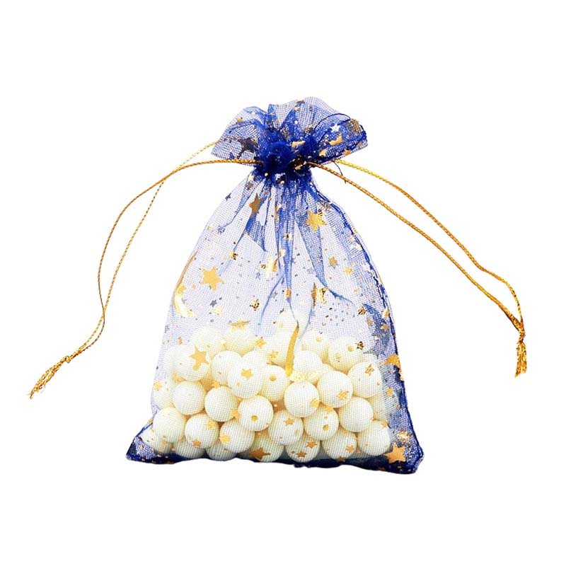 Picture of Navy Blue Organza Bags Printed with Stars