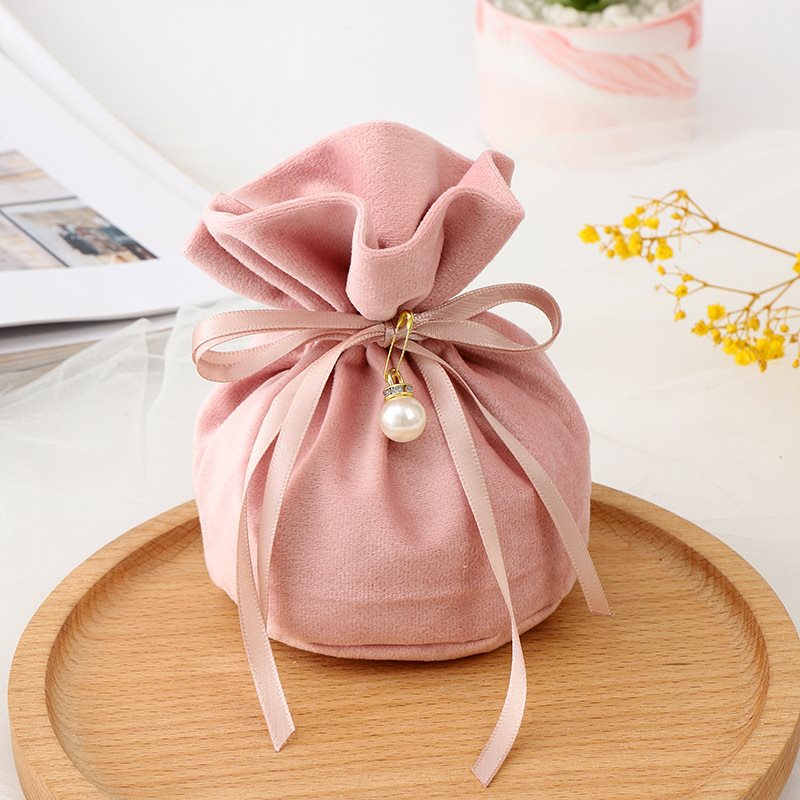 Picture of Pink Velvet Gift Pouch - Wide Round Flat Bottom