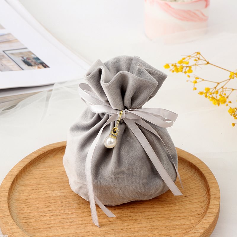 Picture of Velvet Drawstring Bag - Grey Velvet Gift Pouch