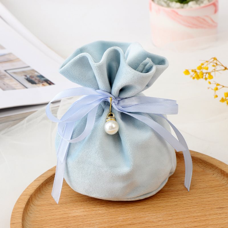 Picture of Blue Velvet Gift Pouch - Wide Round Flat Bottom