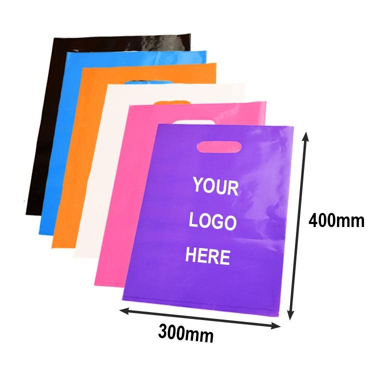 Custom Printed Plastic Bags with Die-Cut Handles 300x400mm - MOQ 500